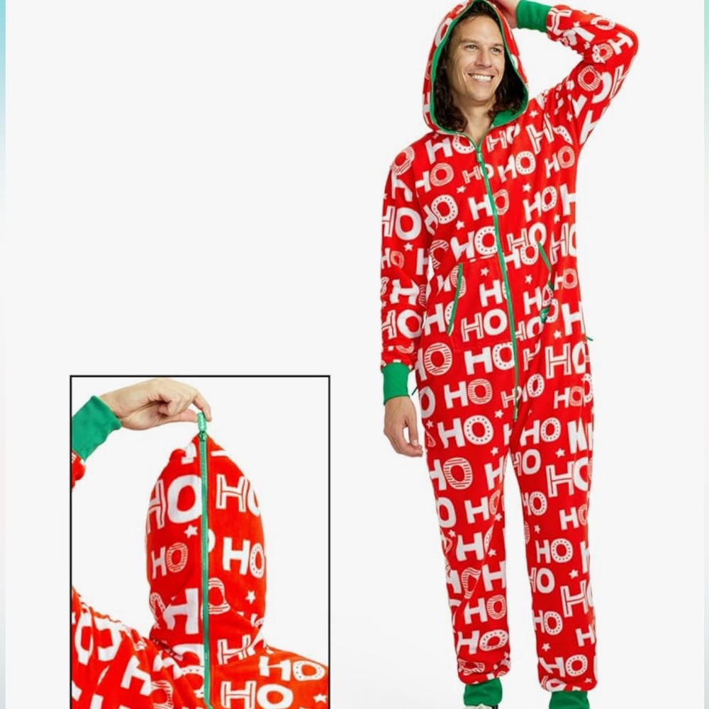 TIPSY ELVES Cozy Christmas HoHoHo Red White Green Onesie Jumpsuit Pajamas Size L
